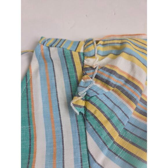 Ann Taylor Linen Blend V Neck Grren Blue Striped Blouse Top Ruffles Large - Picture 2 of 6